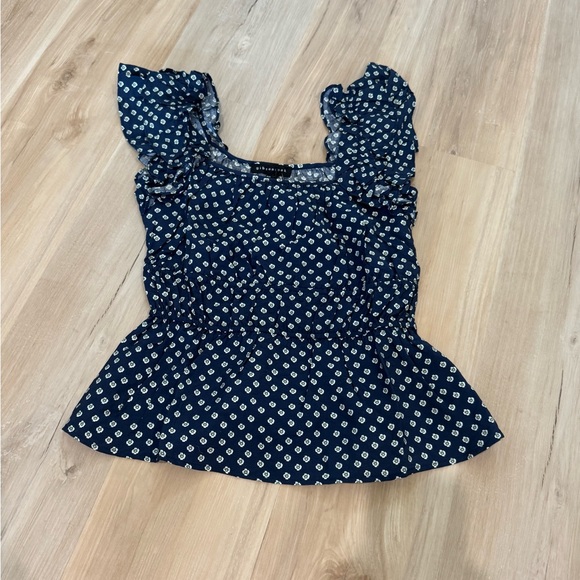 Gibson Tops - Gibson Blue and White Ruched Peplum Blouse